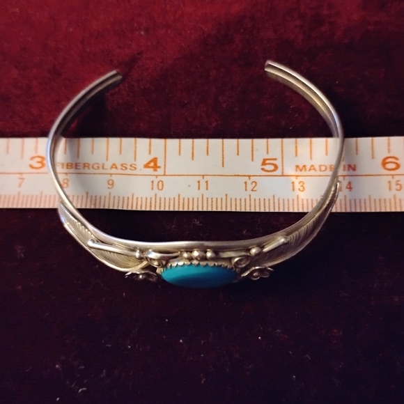 Native American Open Scroll Sterling Silver Cuff Bracelet with Round Turquoise - Picture 8 of 9